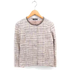 コムサデモード COMME CA DU MODE ノーカラー ブルゾン ジャケット 背抜き 薄手 総柄 麻 リネン混 ベージュ ピンク 茶 /TT