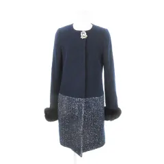 ジャスグリッティー JUSGLITTY Dress in Luxury ノーカラーコート ツイード切り替え ウール アンゴラ混 アルパカ混 ビジュー フォックスファー 1 S 紺 ネイビー /AH4