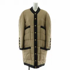 シャネル CHANEL ヴィンテージ 1990AW ノーカラーコート ロング 中綿 絹 シルク ココマーク 金ボタン バイカラー 36 M ベージュ 黒 ブラック /KW ■GY05