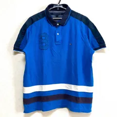 Tommy Hilfiger トミーヒルフィガー メンズ ポロシャツ XL 青 ブルー 刺繍ロゴ カスタムフィット 半袖 古着
