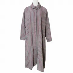 フリークスストア FREAKS STORE 美品 ストライプシャツワンピース ロング 長袖 比翼仕立て グレー レッド フリーサイズ X