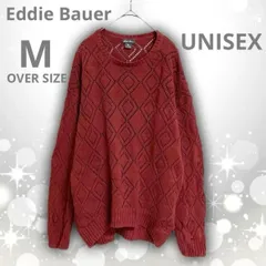 【即決ご希望額はコメントへ】 良品 Eddie Bauer　エディーバウアー　透かし編み　ニット　セーター　ボルドー　フリー　Ｍ表記　オーバーサイズ　ユニセックス　ダイヤ柄　アーガイル　VINTAGE　クルーネック　アメカジ　カジュアル　ワインレッド　ざっくり