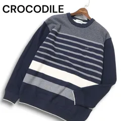 CROCODILE クロコダイル ワニ刺繍★ ボーダー セーター ニット Sz.2L メンズ ネイビー 大きいサイズ 特大