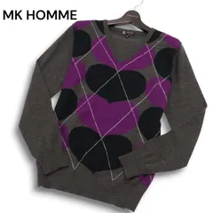 【美品】MK HOMME ミッシェルクラン オム 秋冬 ウール混★ ハート アーガイル セーター Vネック ニット Sz.50 メンズ 灰