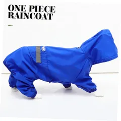 中小型犬用全包型フード付きレインコート　防水反射　 ジャンプスーツスル 四脚設計で着脱簡単 雨天散歩用ブルー　s1077