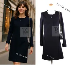 シャネル ワンピース CHANEL 65万 ネイビー グリポワ宝石 ボタン ウール ジャージ ニット カール・ラガーフェルド作品 超美品 34 36