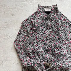 昭和レトロ小花柄長袖ロングワンピースフリルネックベルト付き11号ブラックaf