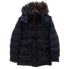 バーバリーブラックレーベル BURBERRY BLACK LABEL ウール ダウン コート ジャケット  ラクーンファー フード  ベルト付き ネイビー 紺 M