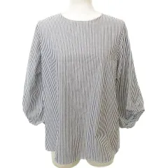 グリーンレーベルリラクシング ユナイテッドアローズ green label relaxing 美品 シャツ ストライプ 長袖 ラウンド クルーネック 薄手 約S～Mサイズ グレー ■YHS7