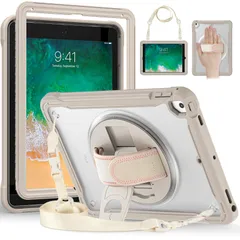 新品 第5世代 6世代ケース 肩掛け iPad ショルダー ペンシル 収納 iPad Air2 iPad5 iPad6 Pro9.7 360°回転ベルト ケース 耐衝撃 背面 半透明 カバー 縦置き/横置き スタンド，カーキ