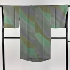 道行 身丈107.5cm 裄丈66cm M 和装コート 角衿 幾何学 地紋 灰緑 正絹 名品 【中古】