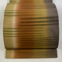 【美品】 袋帯 逸品 落款 牛首紬地 縞 ぼかし 茶色 全通 正絹 【中古】