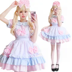 新品 [AOTYP] メイド服 コスプレ 可愛い ロリータ ワンピース 6点セット リボン エプロン ワンピース カチューシャ 半袖 ショート丈 ゴスロリ ハロウィン コスプレ イベント パーティー 学園祭 文化祭