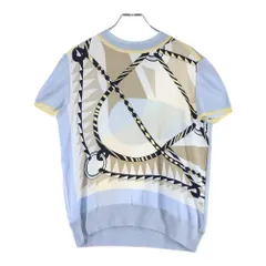 HERMES (エルメス) 総柄プリント シルク スカーフ 切り替え クルーネック 半袖ニット セーター ライトブルー/ベージュ レディース 3H2824DJ