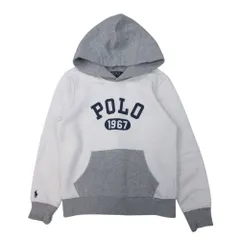 良品 POLO Ralph Lauren ポロ ラルフローレン ロゴプリント 裏起毛 パーカー スウェット ポニー刺繍 S/140 白×グレー 子供服 キッズ 古着 中古 USED