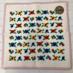 5560　美品　FEILER　フェイラー　ハンカチ　ハンドタオル　カリーナ　 花柄　アイボリー×ピンク系　マルチカラー　シュニール織り　 シール付き　レディース