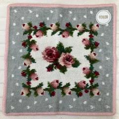 5578　美品　FEILER　フェイラー　ハンカチ　ハンドタオル　 マイジュリエット　花柄　ドット　グレー×ピンク系　 シュニール織り　シール付き　レディース