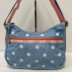 4599　LeSportsac レスポートサック　ドット柄　水玉　ショルダーバッグ　スカイブルー系　水色　ピンク　デニム柄　シンプル　カジュアル　通勤　通学　ユニセックス　ポケット多数　ナイロン　クラシックホーボー