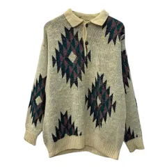 CASTRI FIRENZE ウールニット セーター L アイボリー マルチカラー ハーフボタン アクリルニット 総柄セーター チマヨ柄 秋物 a710-6772