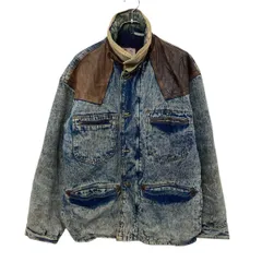 デニムジャケット M ブルー系 ブラウン ジップアップ モックネック レザー 切替 ロング丈 アメカジ アウター 冬物 a710-6832