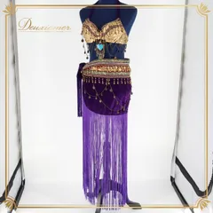 ベリーダンス トライバル 衣装 トップス ベルト セット パープル系 紫 ゴールド 装飾 フリンジ ベロア ラメ 装飾 練習 舞台 発表会 イベント アラビアン コスチューム ダンス衣装 パフォーマンス ステージ 豪華 おしゃれ フリンジ付き