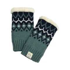 ニット ハンドウォーマー フェアアイル柄 ブルーグリーン 裏ボア レディース オープンフィンガー  裏起毛 手袋 あったか ふわふわ 手首 リブ 指なし 防寒 保温 濃紺
