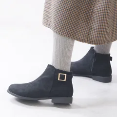 [スエードブラック]ショートブーツ レディース ブーツ ショート ローヒール ぺたんこ サイドジップ ベルト 太ヒール 痛くない 歩きやすい 軽い 軽量 やわらか 柔らかい 疲れない きれいめ 滑りにくい 防寒 通勤 仕事 仕事用 k59-78404