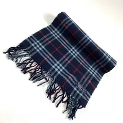 t1566　バーバリーズオブロンドンマフラー　ラムズウール100% 　ネイビーノバチェックフリンジマフラー　イギリス製　ユニセックス