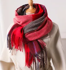 【レッド】大判マフラー チェックマフラー ストール カジュアル レディース チェック 秋冬 チェック柄 おしゃれ かわいい 防寒 通勤 通学 韓国風