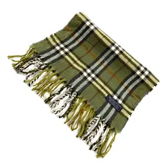 t1585　バーバリーズオブロンドンマフラー　ラムズウール100%  グリーンノバチェックフリンジマフラー　イギリス製