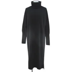ププラ PUPULA 長袖 ニット ワンピース ロング丈 38 黒系 ブラック 無地 タートルネック サイドスリット リブ