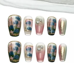 Sun&Beam Nails 手作り ネイルチップ ミディアム ロング アーモンド つけ爪 人気 3D おしゃれ 可愛い デザイン 付け爪 10枚入 (#13 絵画・グリーン · XS) a-105