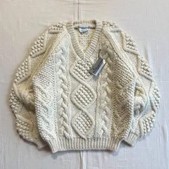 〜90s　vintage　dead stock　SEVEN ISLANDS country　MADE IN KOREA　韓国製　3D編みウールニット　Vネックセーター　超肉厚フィッシャーマンニット　アランニット　L　C-BOY　fisherman knit