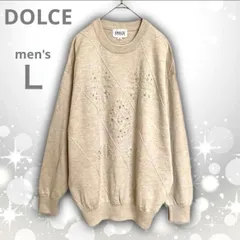 【即決ご希望額はコメントへ】 美品 DOLCE　ドルチェ　ウッドビーズ　刺繍　毛100%　セーター　アイボリー　ベージュ　４８　Ｌ　ニット　プルオーバー　長袖　ユニセックス　クルーネック　ダイヤ柄　織柄　アメカジ　カジュアル　ヴィンテージ　レトロ　個性的