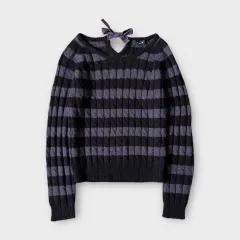 Japanese Vintage ストライプ ケーブル編み リボンニット