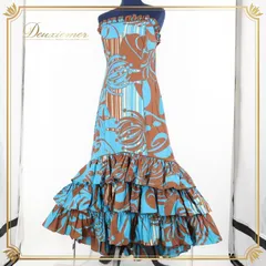 フラダンス 衣装 ワンピース ドレス ブラウン系 MAPUANA フラ ダンス フリル 茶 ターコイズブルー系 レフア柄 花柄 ハワイアン アロハ かわいい 華やか ハワイアンプリント ブルー系