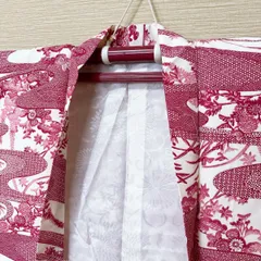 【き727】羽織 ピンク 赤白 流水文様 花柄 菊梅桜 袷 レディース 上品 レトロモダン 春 秋 冬 おしゃれ着 着物 羽織 和装 リメイク素材にも