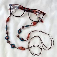メガネチェーン おしゃれ かわいい ビーズ ウッドボール レディース 花がら オレンジ ブルー めがね 眼鏡チェーン 北欧 アジアン ギフト