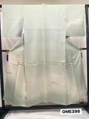 【着物】付け下げ　正絹　袷　スモールサイズ　薄緑　グラデーション　縮緬　蘇州刺繍　着物　和装　OME398