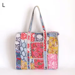 トートバッグ　インド綿　ブロックプリント　パッチワーク　Lサイズ