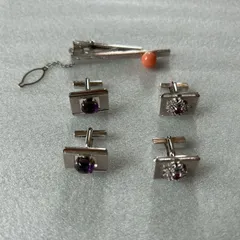 ヴィンテージ ネクタイピン＆カフスボタンセット 天然石 珊瑚 ビジネス小物 SILVER刻印あり