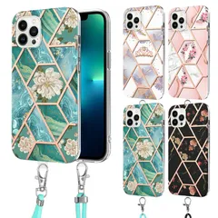 iPhone 16 Pro 背面ケース ストラップ付 花柄 フラワー 大理石 マーブル おしゃれ アイホン アイフォン 16 プロ スマホカバー 耐衝撃 ソフト TPU
