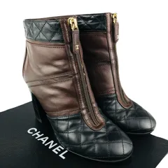 美品★CHANEL・シャネル レディース レザー マトラッセデザイン切替し メタルココマークジッププル フロントジップ チャンキーヒール ブーティ ショートブーツ(37)イタリア製 レディースブーツ 秋冬物 レディース靴 カジュアル ブランド