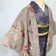 511aa8◇アンティーク羽織 ひび割れ文 やぶれ色紙に花 大正ロマン 昭和レトロ レトロポップ◇美品