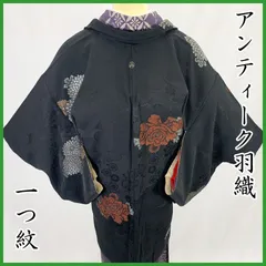 511aa11◇アンティーク羽織 黒羽織 一つ紋 牡丹 菊 銀糸 地紋 大正ロマン 昭和レトロ レトロポップ◇美品