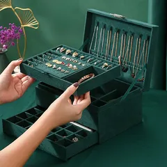 ジュエリーボックス 宝石箱 アクセサリーケース 収納ボックス 3層 鍵付き ダークグリーン フランネル 大容量 多機能 おしゃれ 高級感 ヴィンテージ イヤリング ピアス ネックレス ブレスレット ア