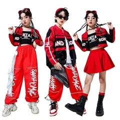ブラック 赤 レッド 子供服 キッズダンス 衣装 女の子 男の子 ダンス発表会 ストリート 長袖 ジャケット スカート パンツ 韓国 子供 ダンス