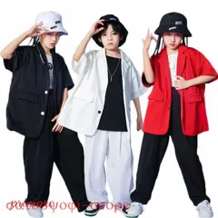 キッズ ダンス 衣装 ヒップホップ ダンススーツ 黒 白パンツ かっこいい ジャケット パンツスーツ 赤シャツ HIPPOP K-pop ジャズダンス 卒