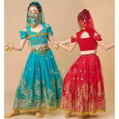子供アラビアン衣装 女の子 アラジン プリンセス 全身コスチューム ハロウィン コスプレ衣装 キッズ ジャスミン風 ベリーダンス 衣装 半袖