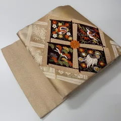 名古屋帯 唐織 菱形 鶴 上品な加工 九寸 正絹 着物 MA-620